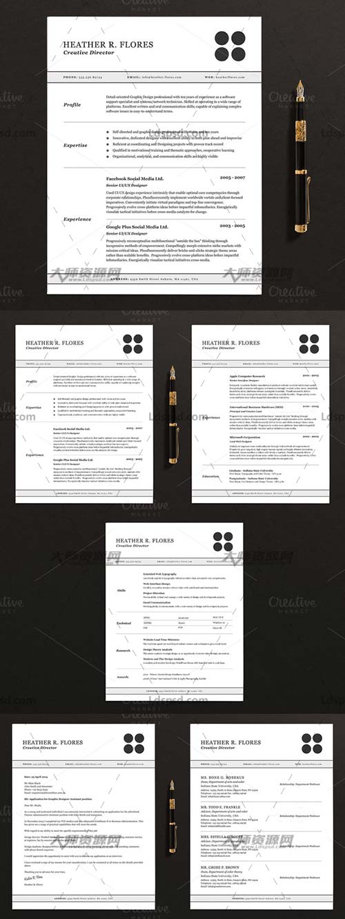 3 Pages Resume CV Template Full Set,个人简历模板(INDD/DOCX/PSD)